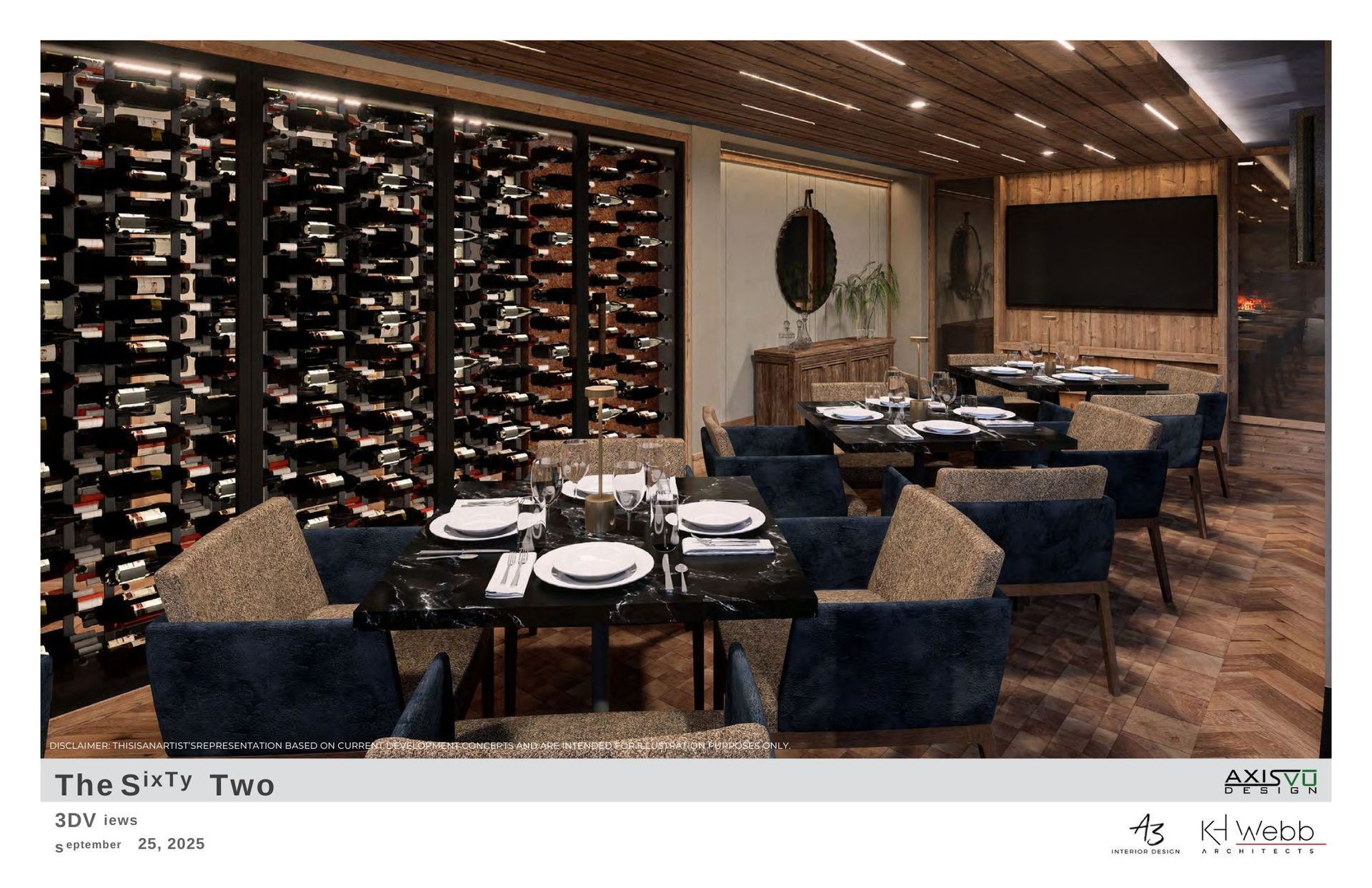 Interior dining room with wine cellar, blue chairs, and table setting.