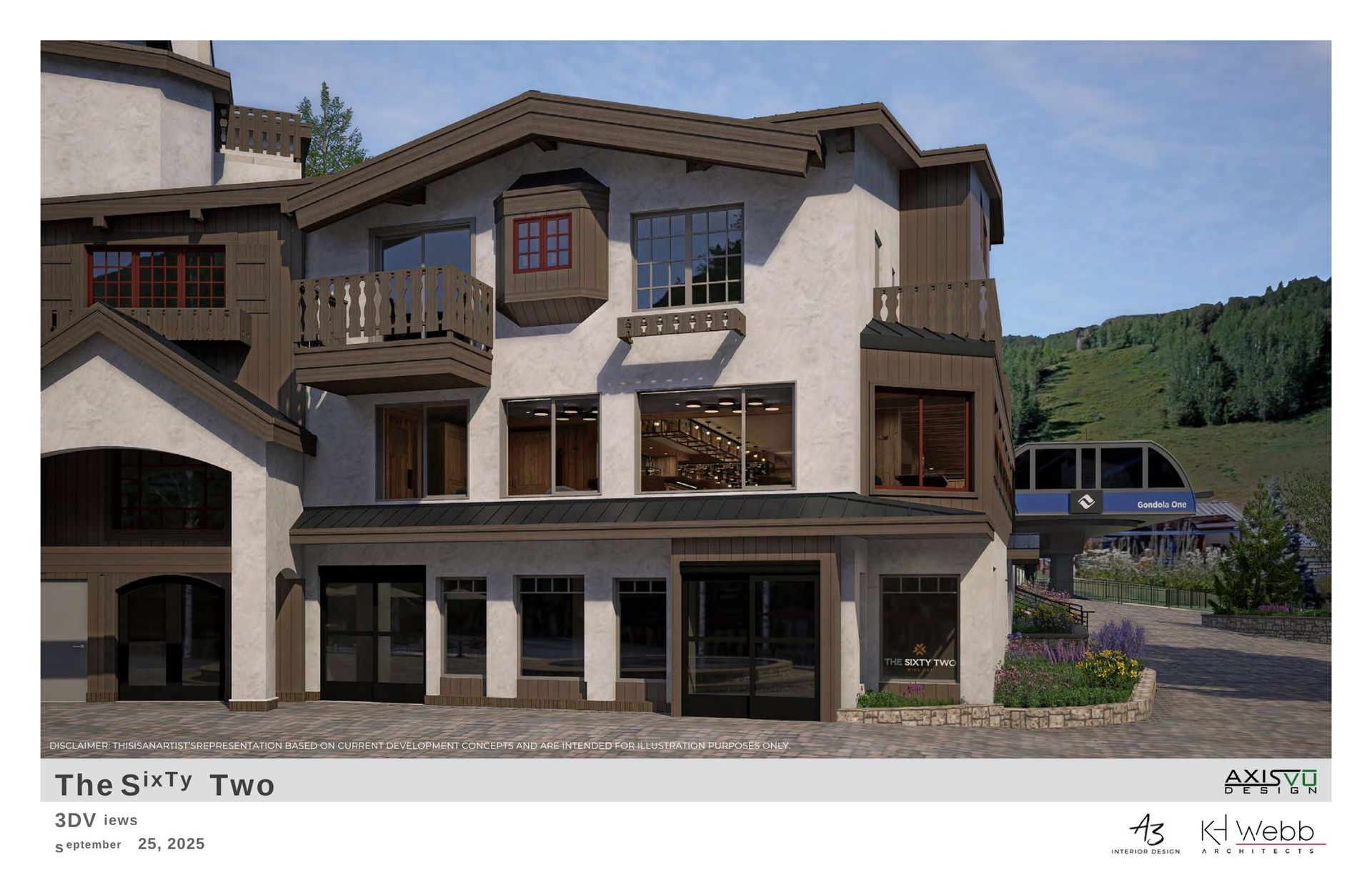Three-story building with light-colored stucco, dark trim, and large windows near a ski lift on a sunny day.