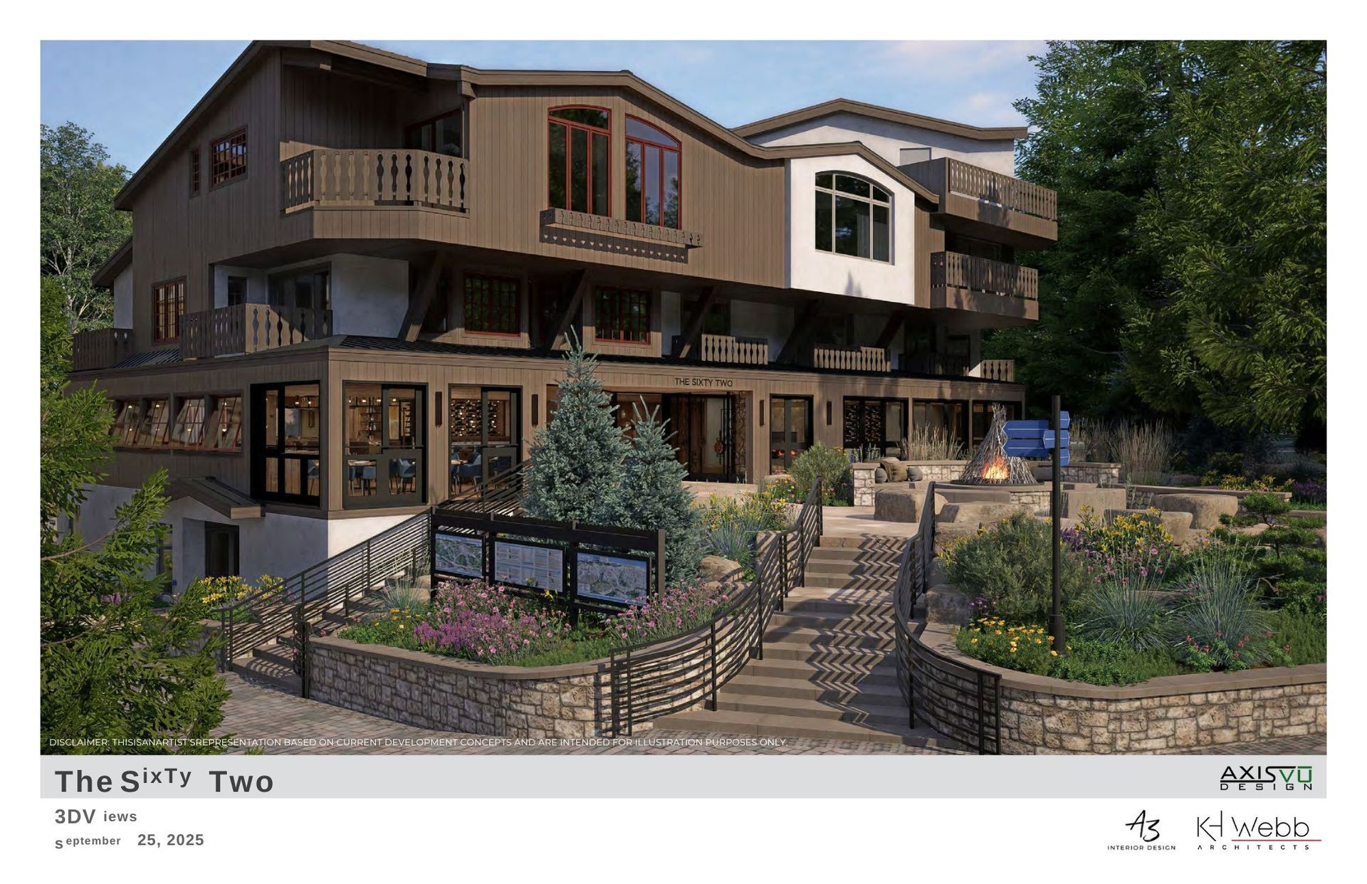 Multi-story building with brown and white exterior, stairs leading up to the entrance with garden landscaping.
