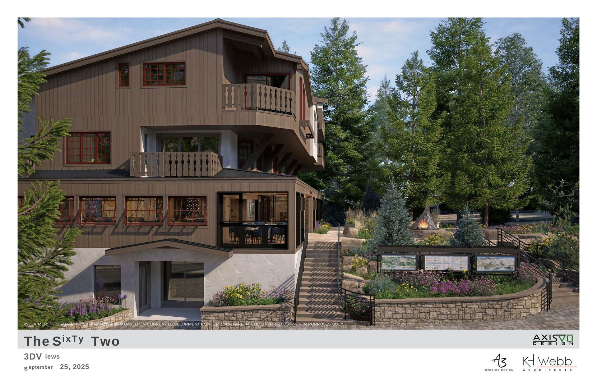 Three-story brown building with balconies, stairs, and stone walls. Signage and trees in front.