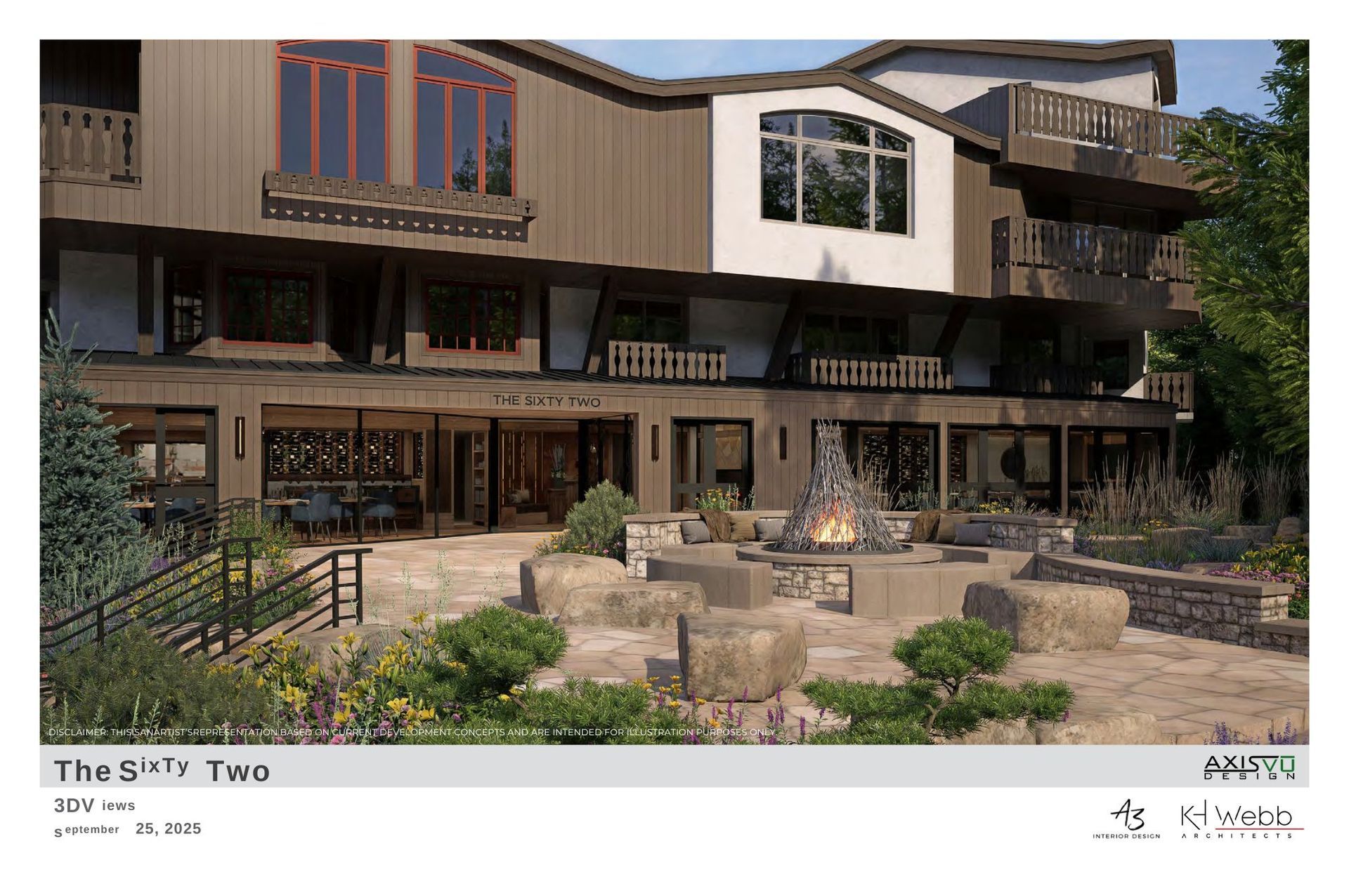 Rear exterior of a large house with stone patio, fire pit, and landscaping. Brown and white siding.