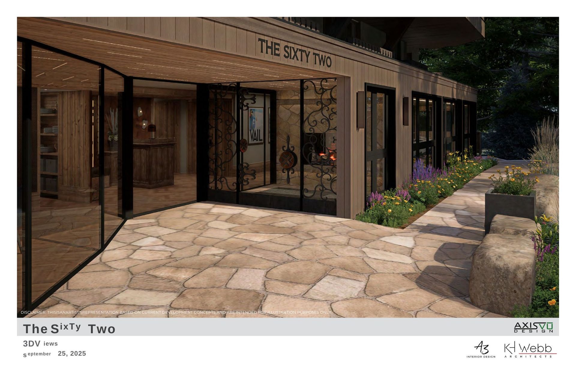The Sixty Two boutique exterior with stone pathway and landscaping, glass doors and neutral wood facade.