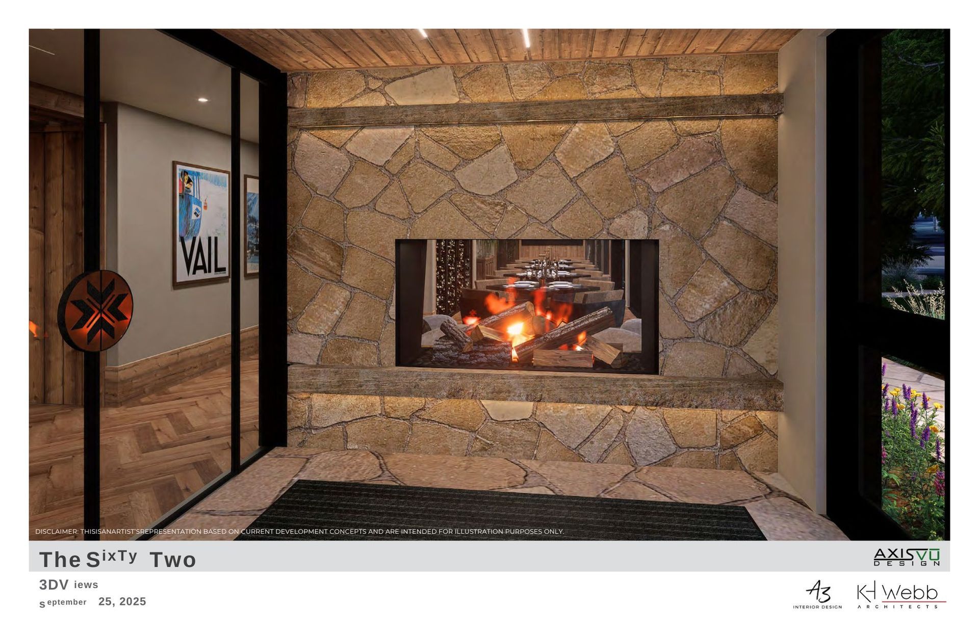 Fireplace in a room with stone wall, wood ceiling, and glass door.
