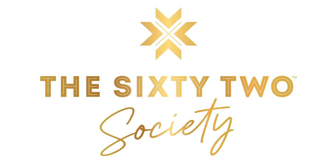 The sixty two society logo with a gold star on a white background.