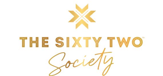 The sixty two society logo with a gold star on a white background.