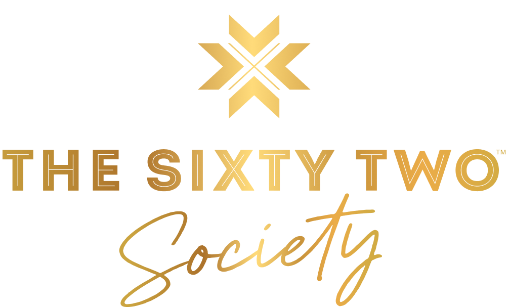 The sixty two society logo with a gold star on a white background.