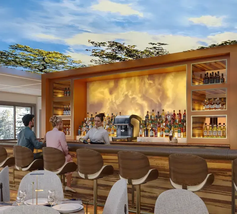 A man and woman are sitting at a bar in a restaurant