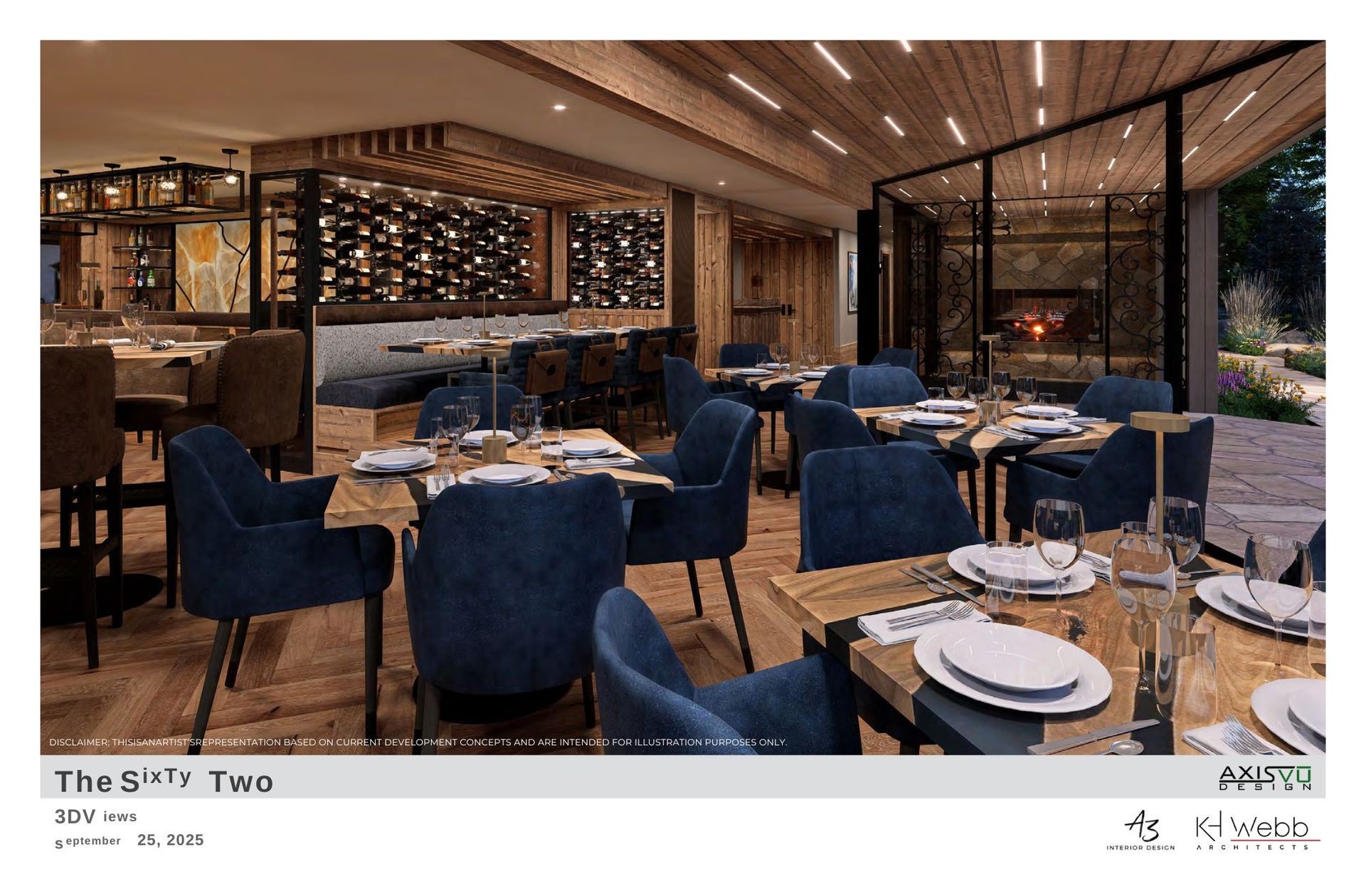 Restaurant interior with blue chairs, wooden tables, wine rack, and fireplace.