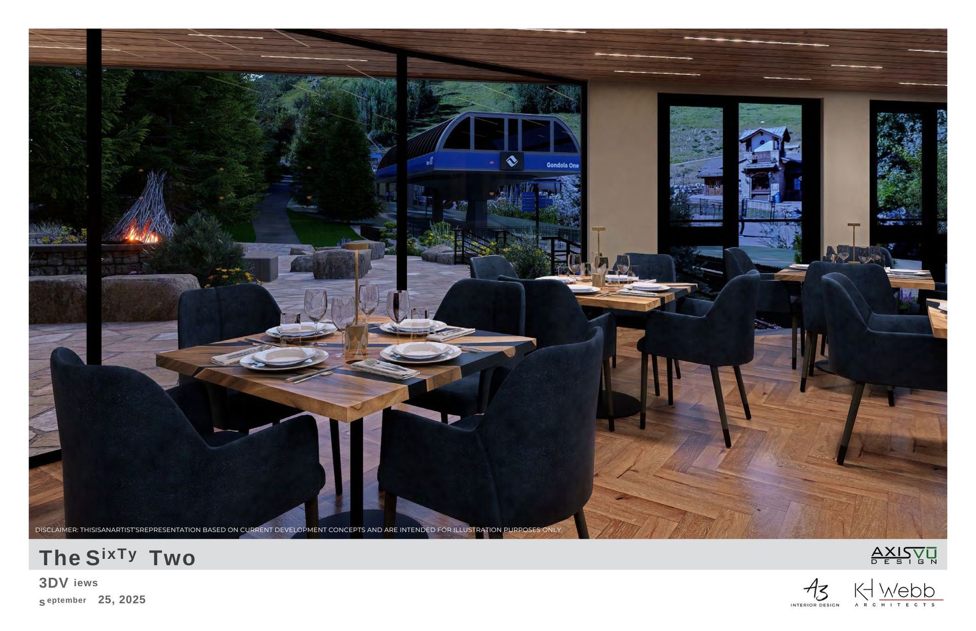 Restaurant interior with tables, chairs, and outdoor view of a ski lift and fire pit.