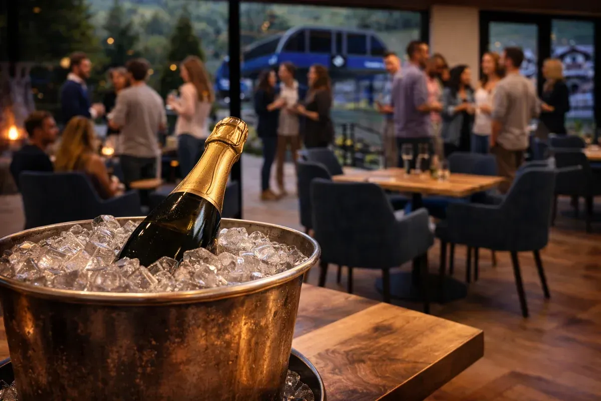 champagne bottle chilling in a Colorado mountain lodge