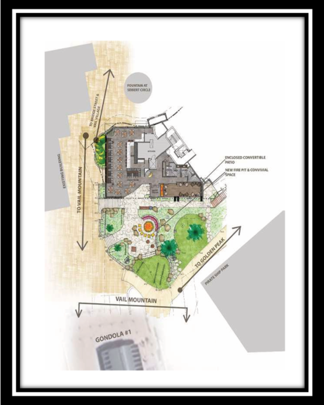 Top-down architectural rendering of a building with a garden, pathways, and surrounding streets.