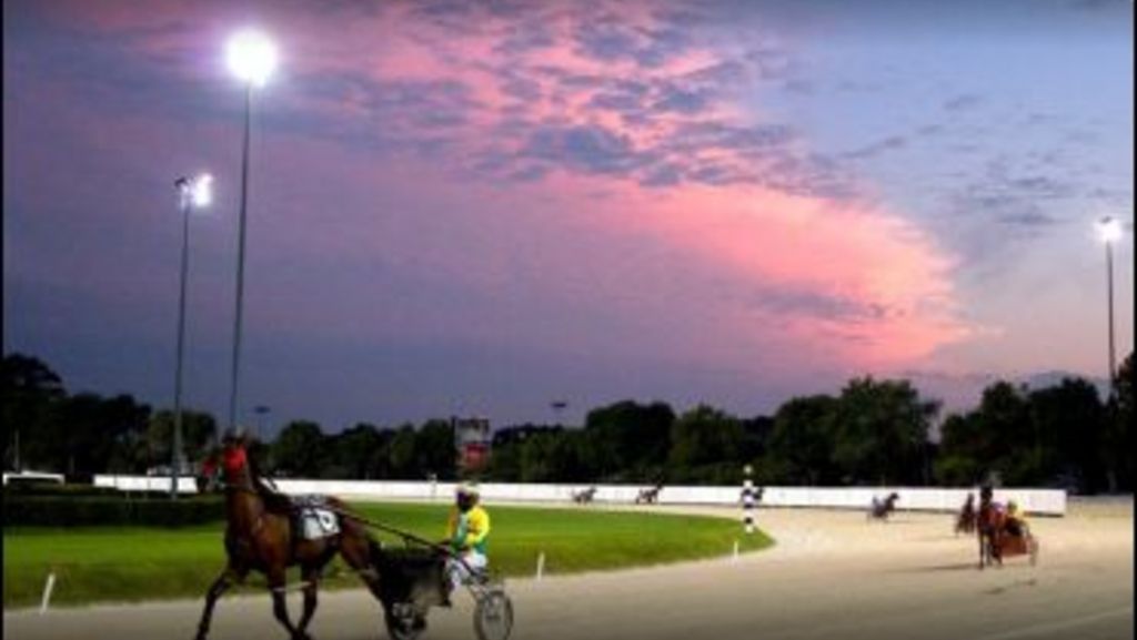 A horse racing track with a pink sky in the background
