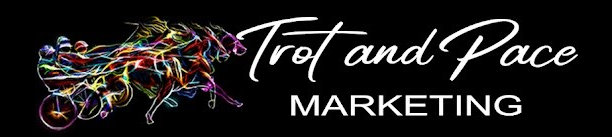 A logo for trot and pace marketing with a horse drawn carriage