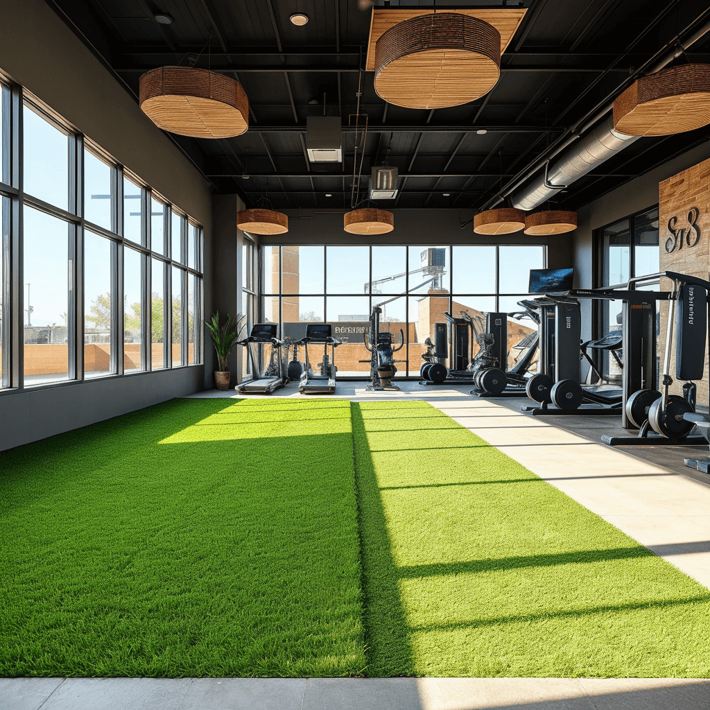 A luxury fitness center with weight machines and an artificial turf field space