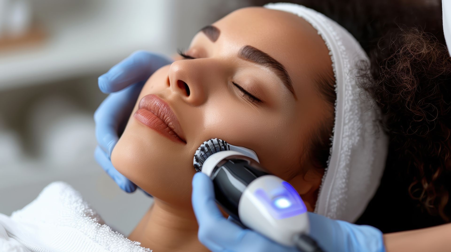 A woman is getting a micro needling treatment.