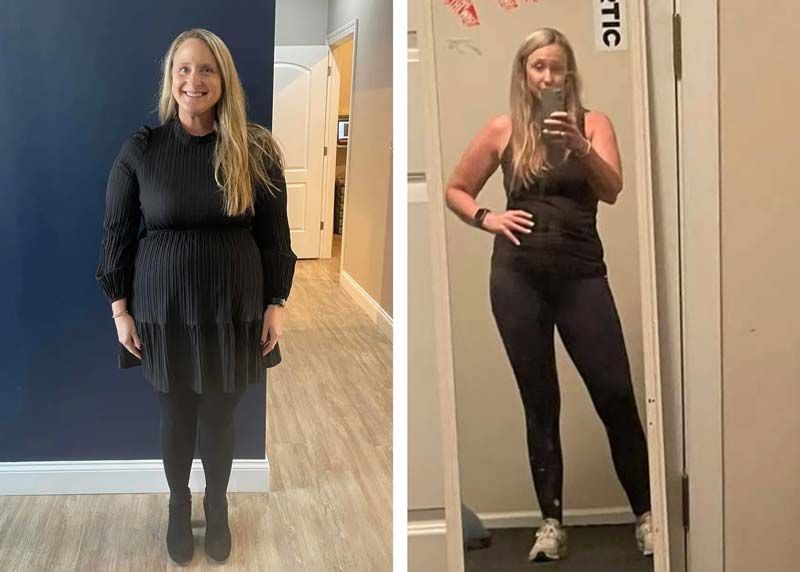 A weight loss before and after photo of a woman standing in a hallway