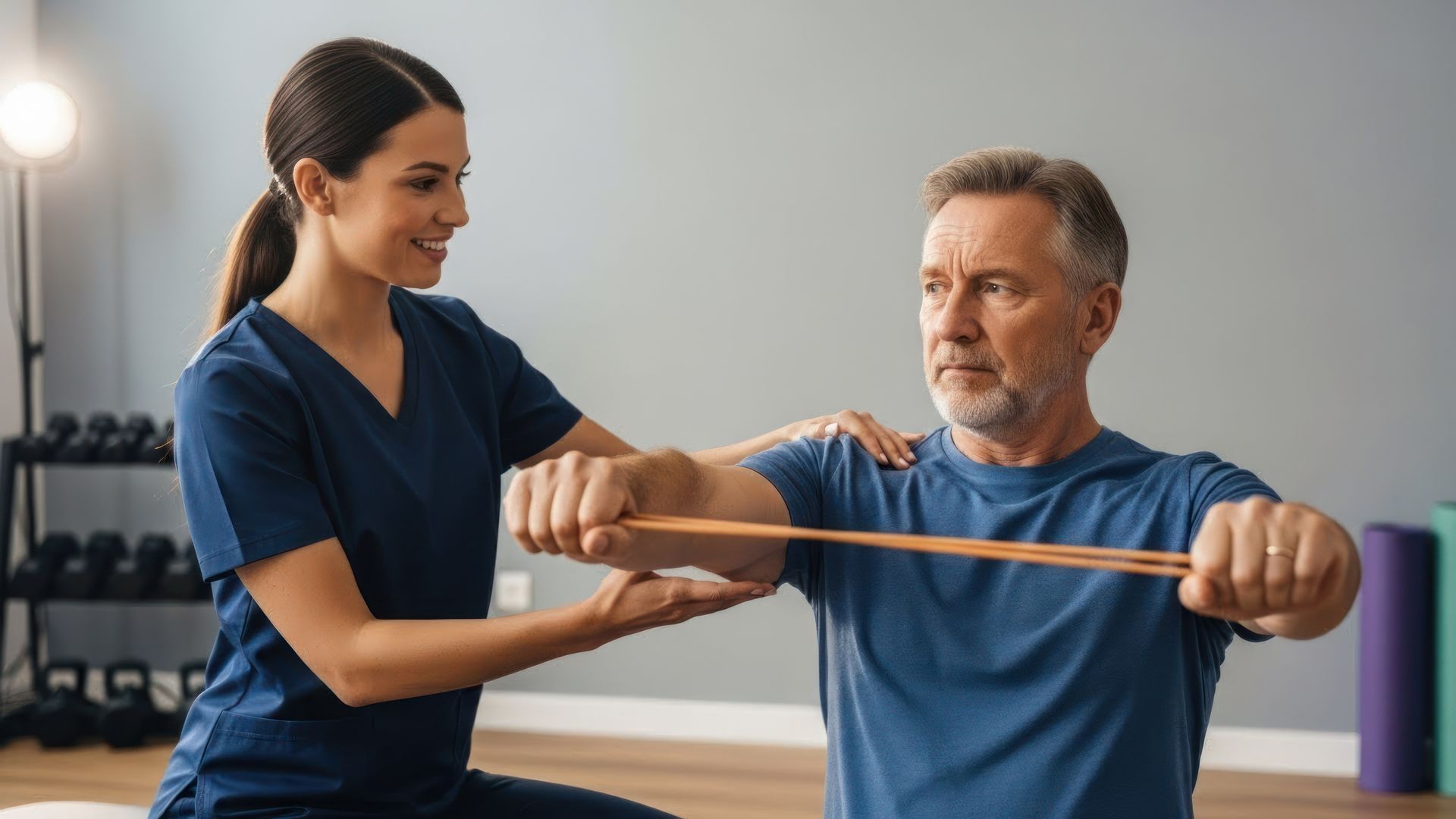 a woman helping a man do physical therapy for his back pain