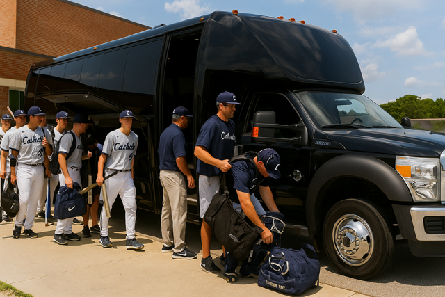 Baseball team loading a black bus. Players in uniforms, coaches, and equipment. Outdoors, sunny day.