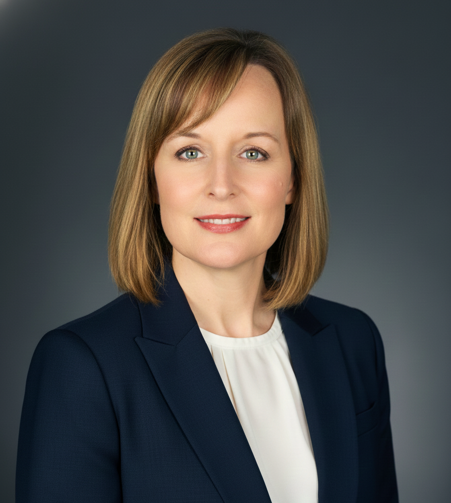 Woman with light skin wearing a dark blazer and white shirt, smiling against a dark gray background.