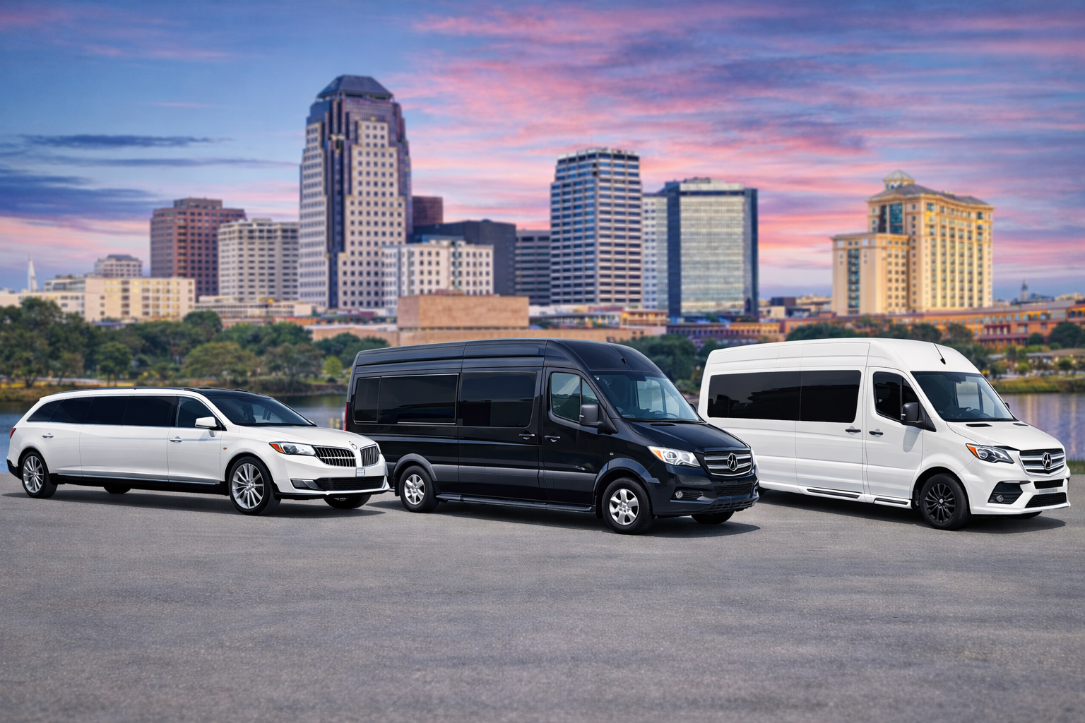 Three vehicles, a white limo, black van, and white van, parked with a city skyline in the background.