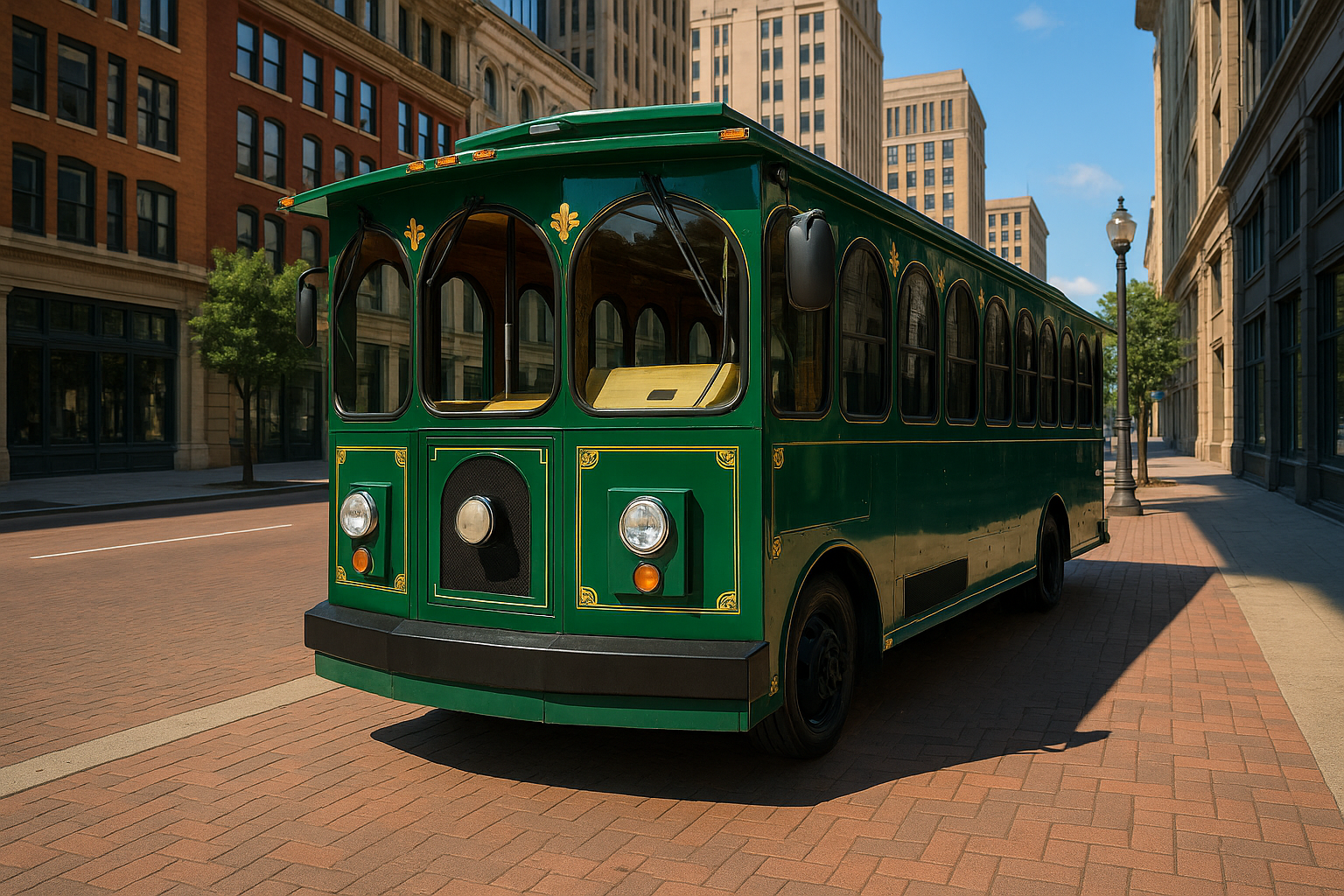 Green trolley on a brick street in a city.