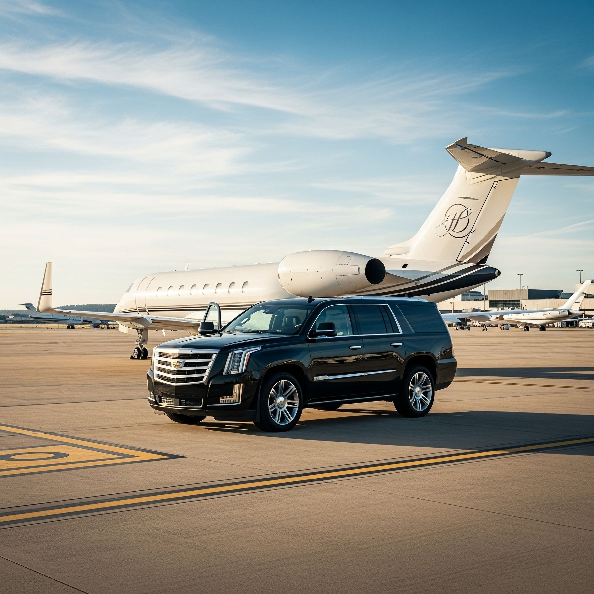 Black SUV parked on a tarmac with a private jet in the background under a blue sky.