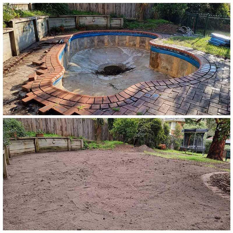 A Before and After Photo of a Swimming Pool Being Built in a Backyard — All Over Pool Removals in Templestowe, VIC