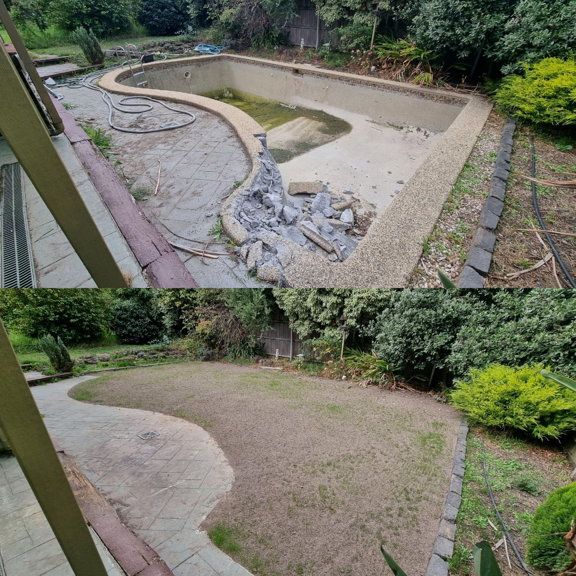 Two-panel Image Showing A Pool Demolition And Subsequent Lawn