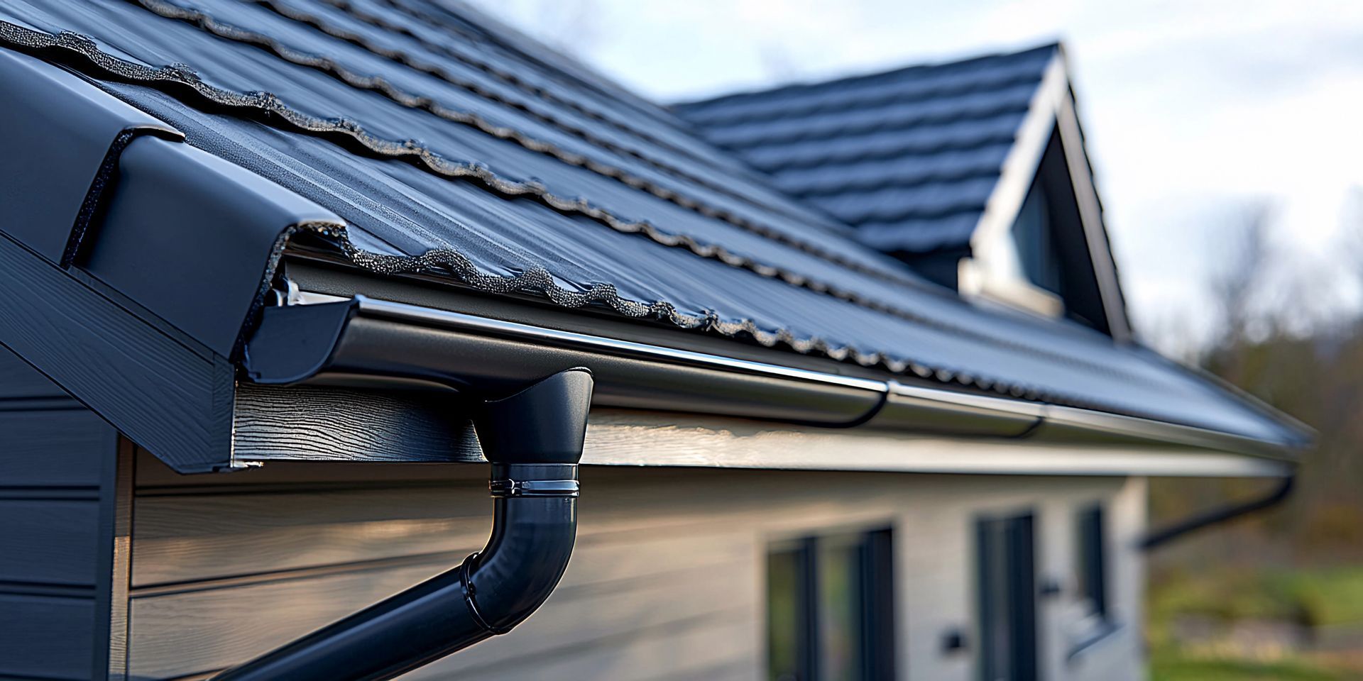 High-quality black seamless gutters and downspout system installed on a modern residential home. High-quality black seamless gutters and downspout system installed on a modern residential home.