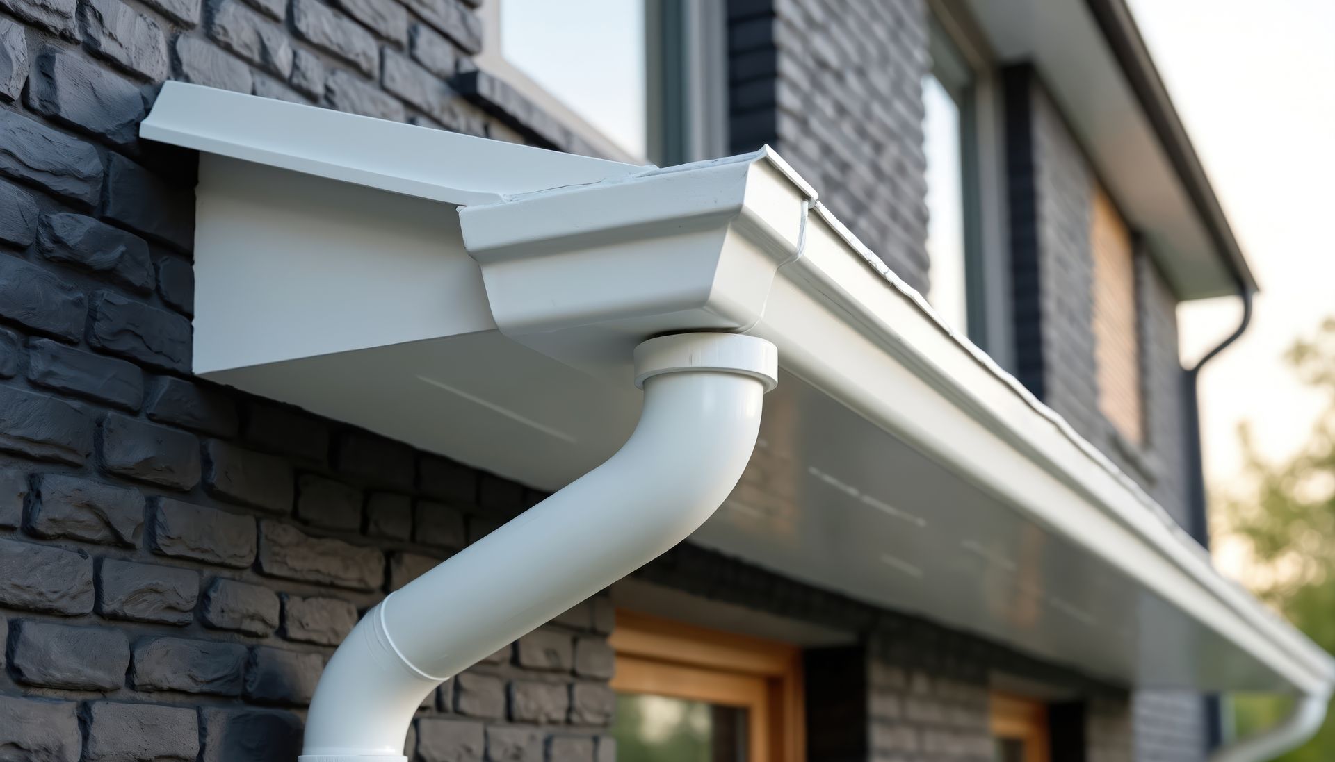 Modern white seamless gutters and downspouts installed on a dark brick residential home. Modern white seamless gutters and downspouts installed on a dark brick residential home.