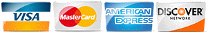 Visa, MasterCard, American Express, and Discover card payment logos on a white background