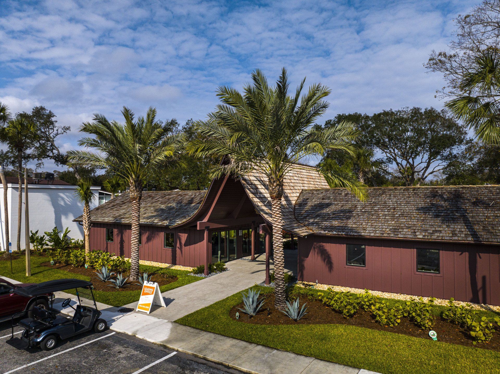 Drone view of Hale Nani apartment community pavilion.