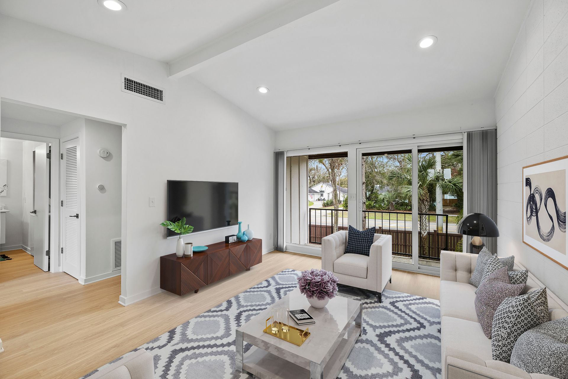 Living room at The Hale Nani Apartments in Neptune Beach, Florida.