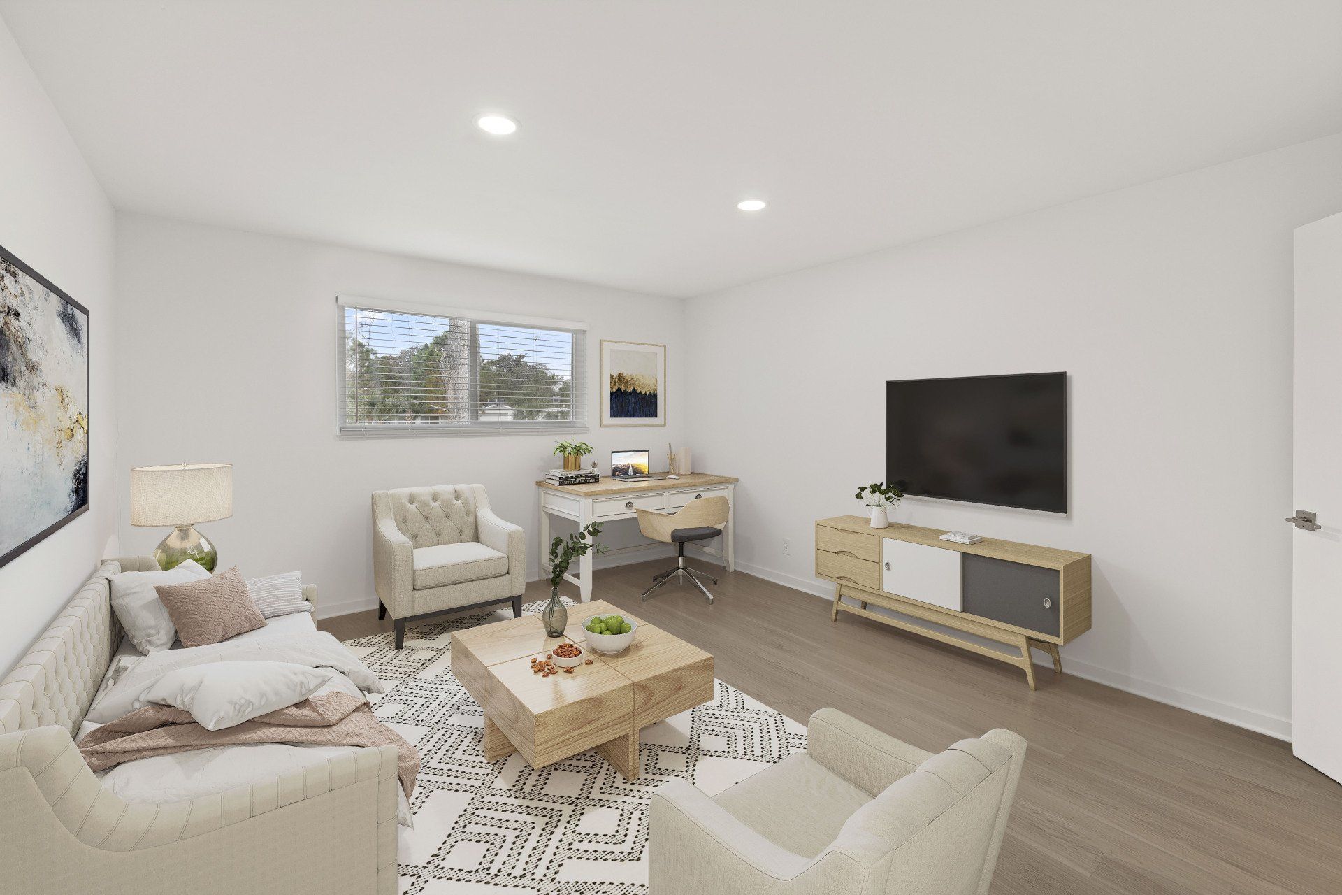 Hale Nani spacious apartment living room with furnitures and designer lighting.