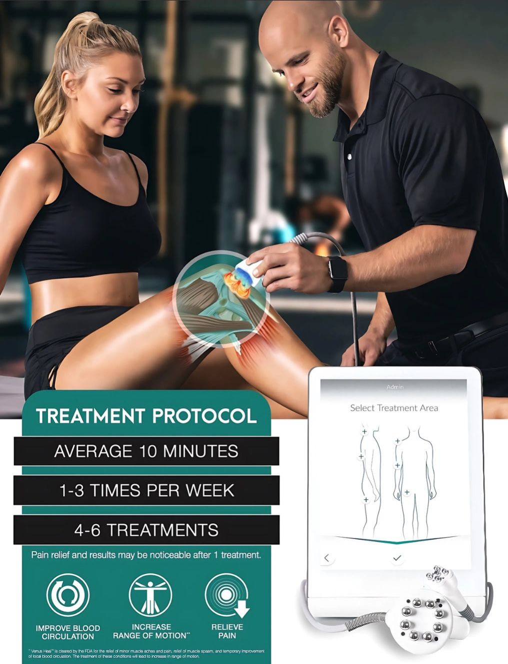 A man is applying a bandage to a woman 's leg in a gym.