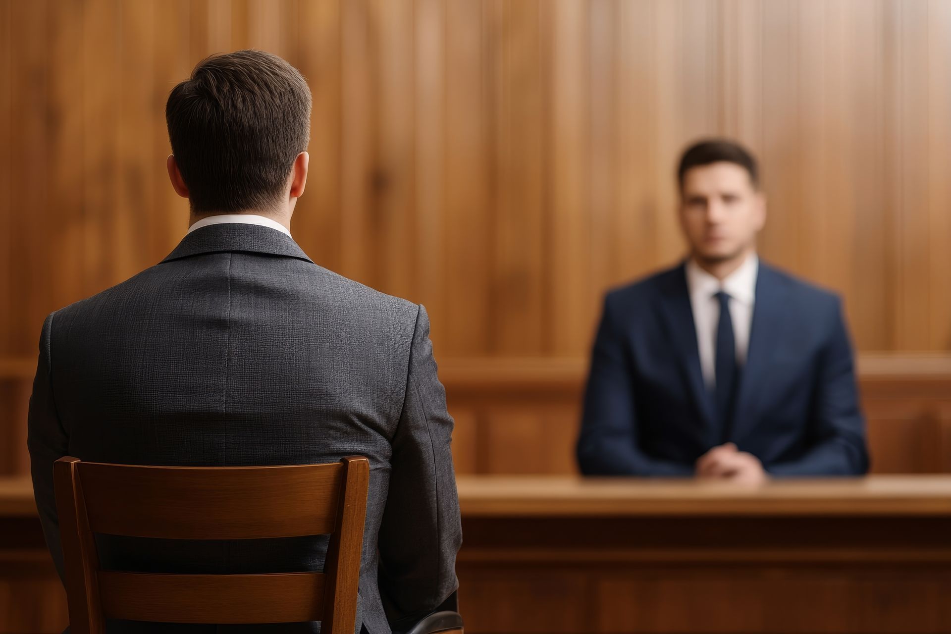 A man in a suit and tie at homicide trial is sitting at a table talking to another man.