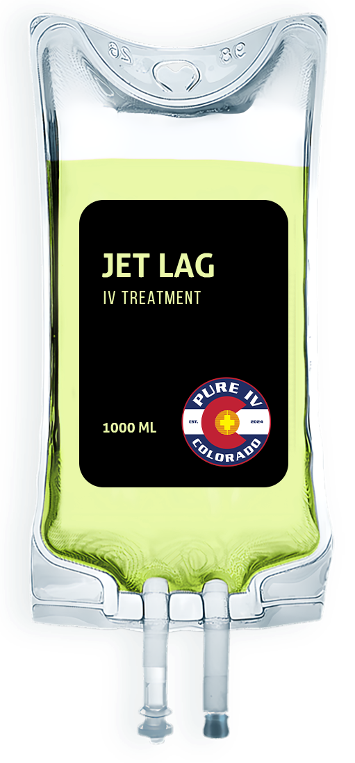 A purple bag with the word jet lag on it.