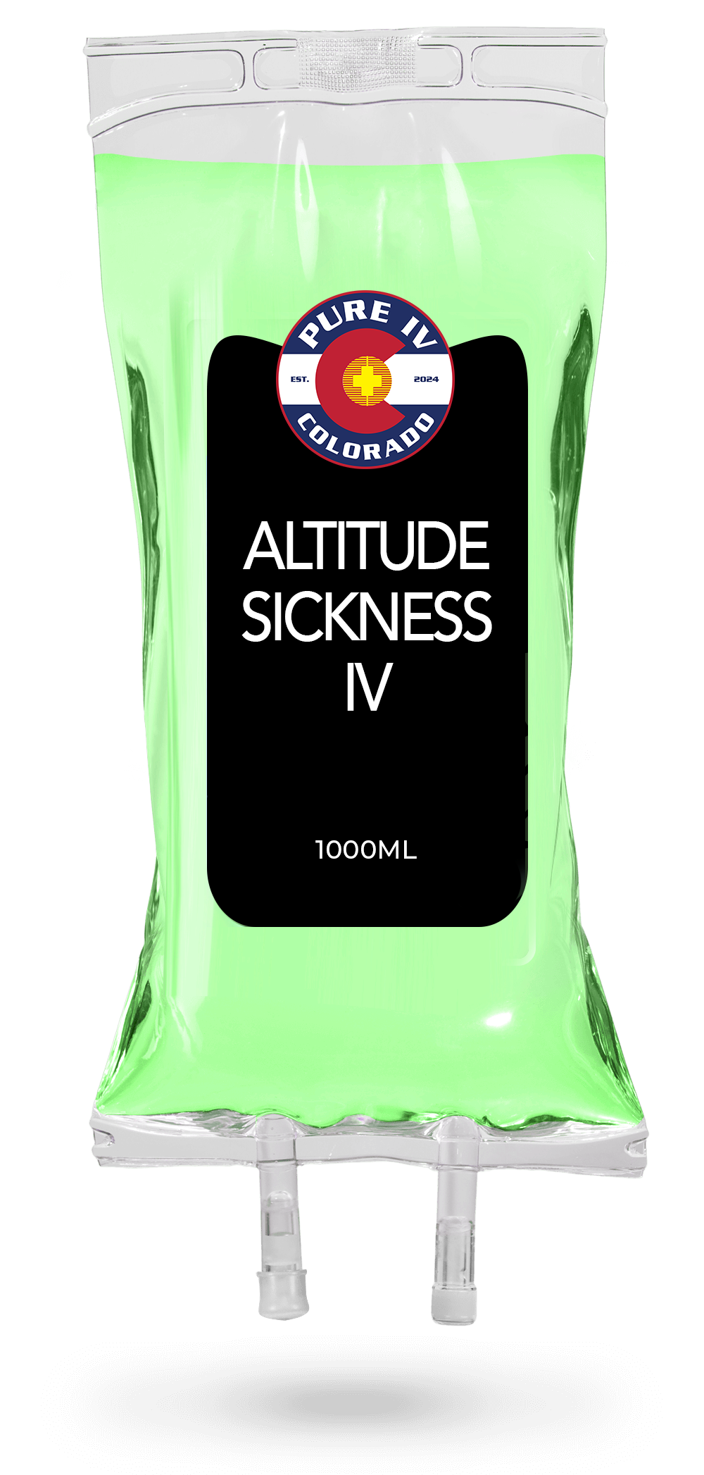 A green bag with a black label that says altitude sickness iv