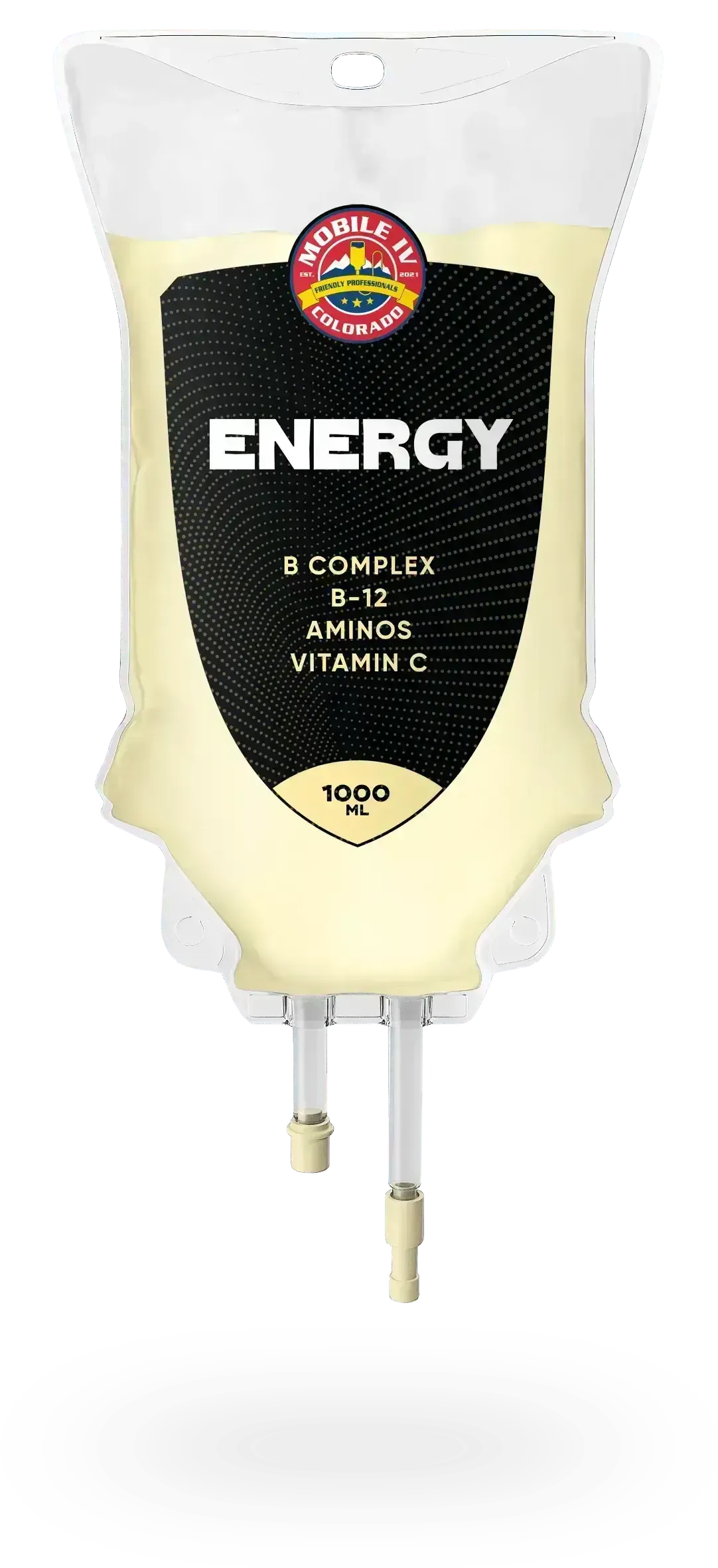 A bag of energy drink with two tubes attached to it.