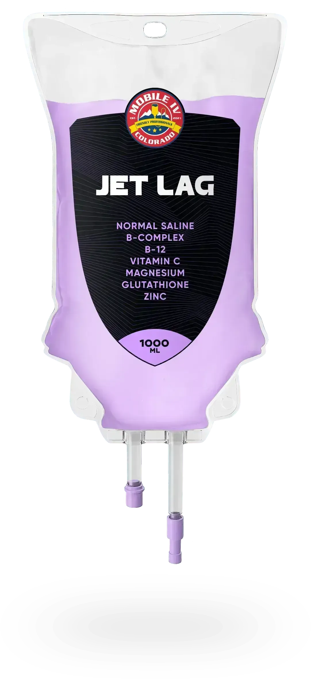 A purple bag with the word jet lag on it.