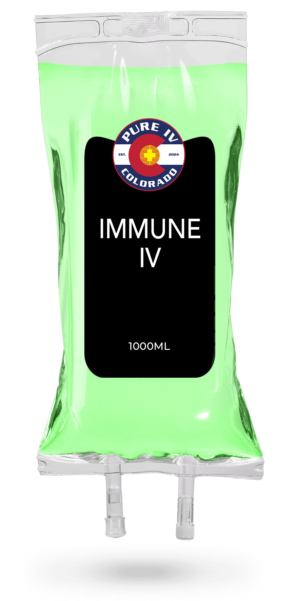 A green bag with a black label that says immune iv