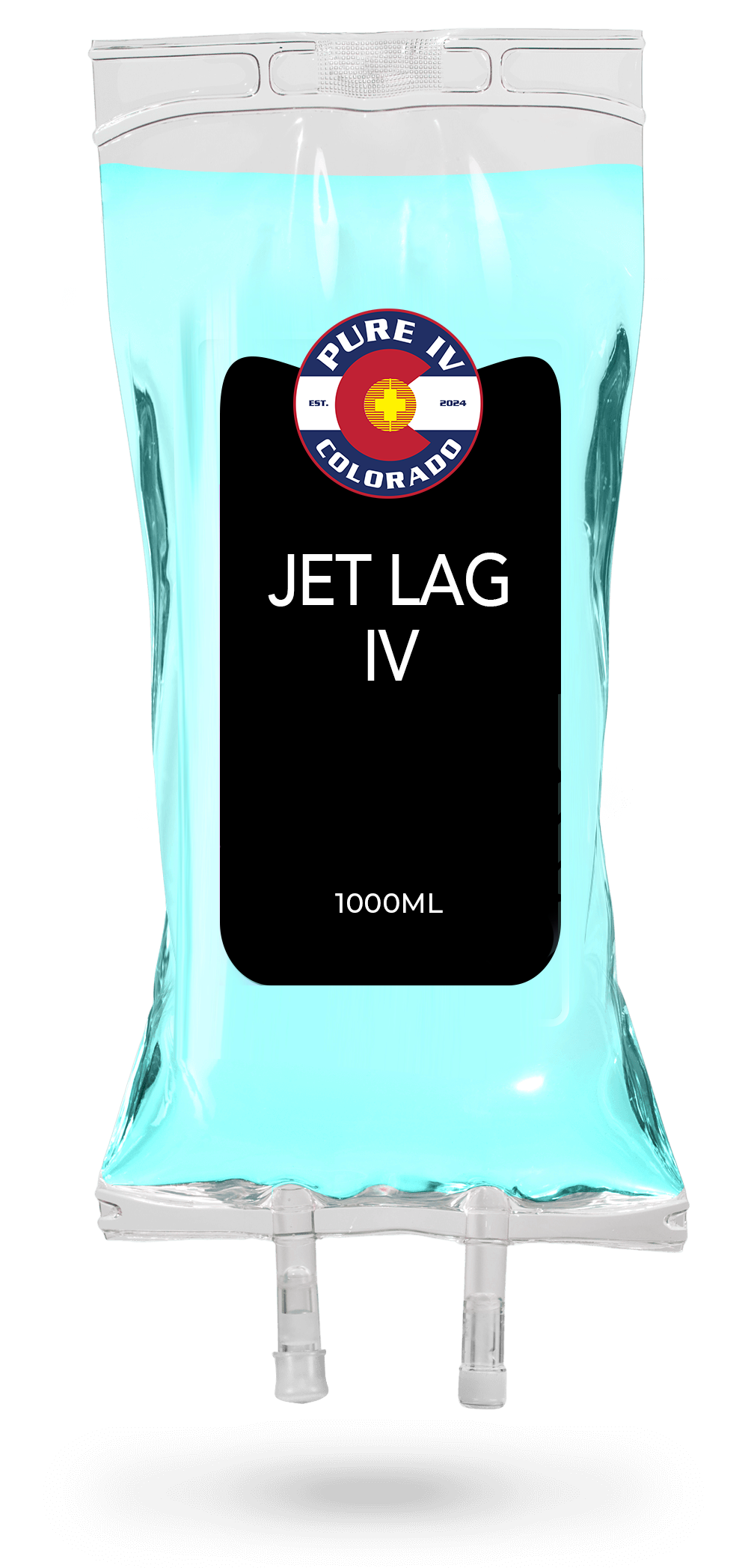 A bag of jet lag iv is shown on a white background.