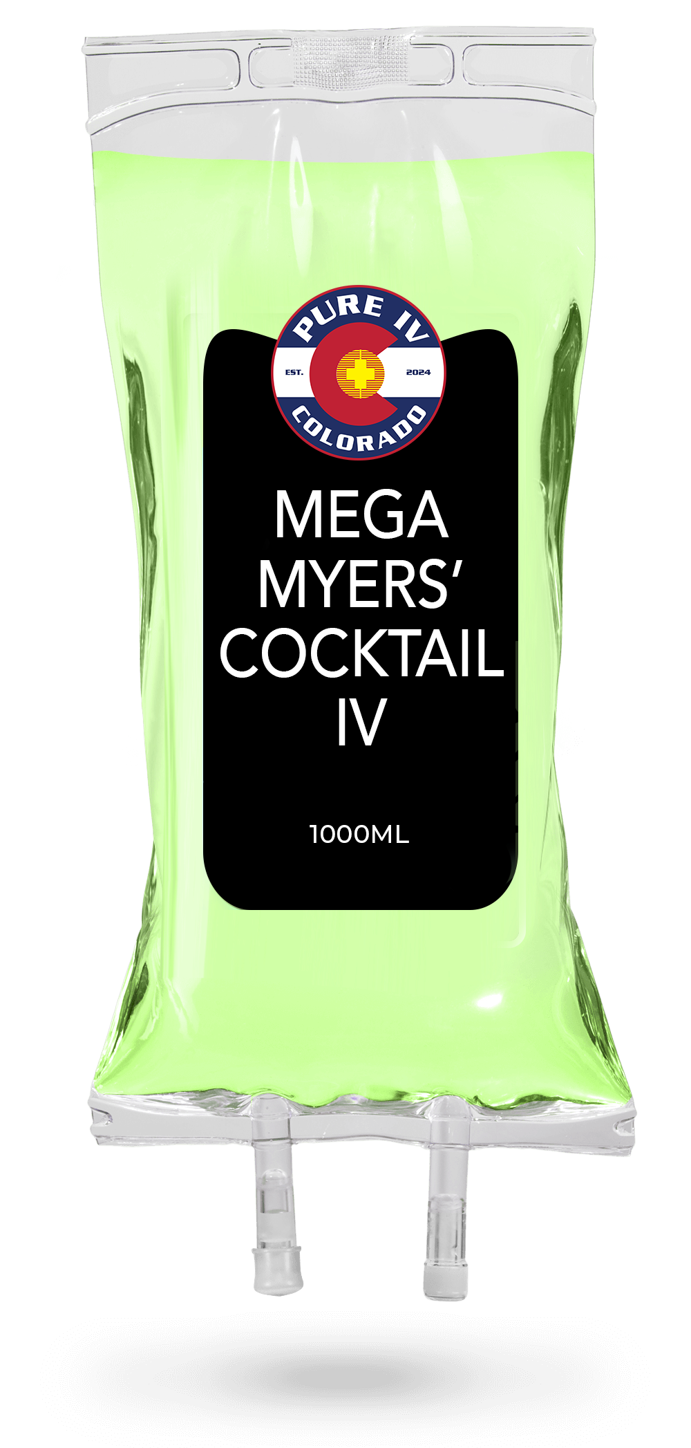 A bag of mega myers cocktail iv on a white background