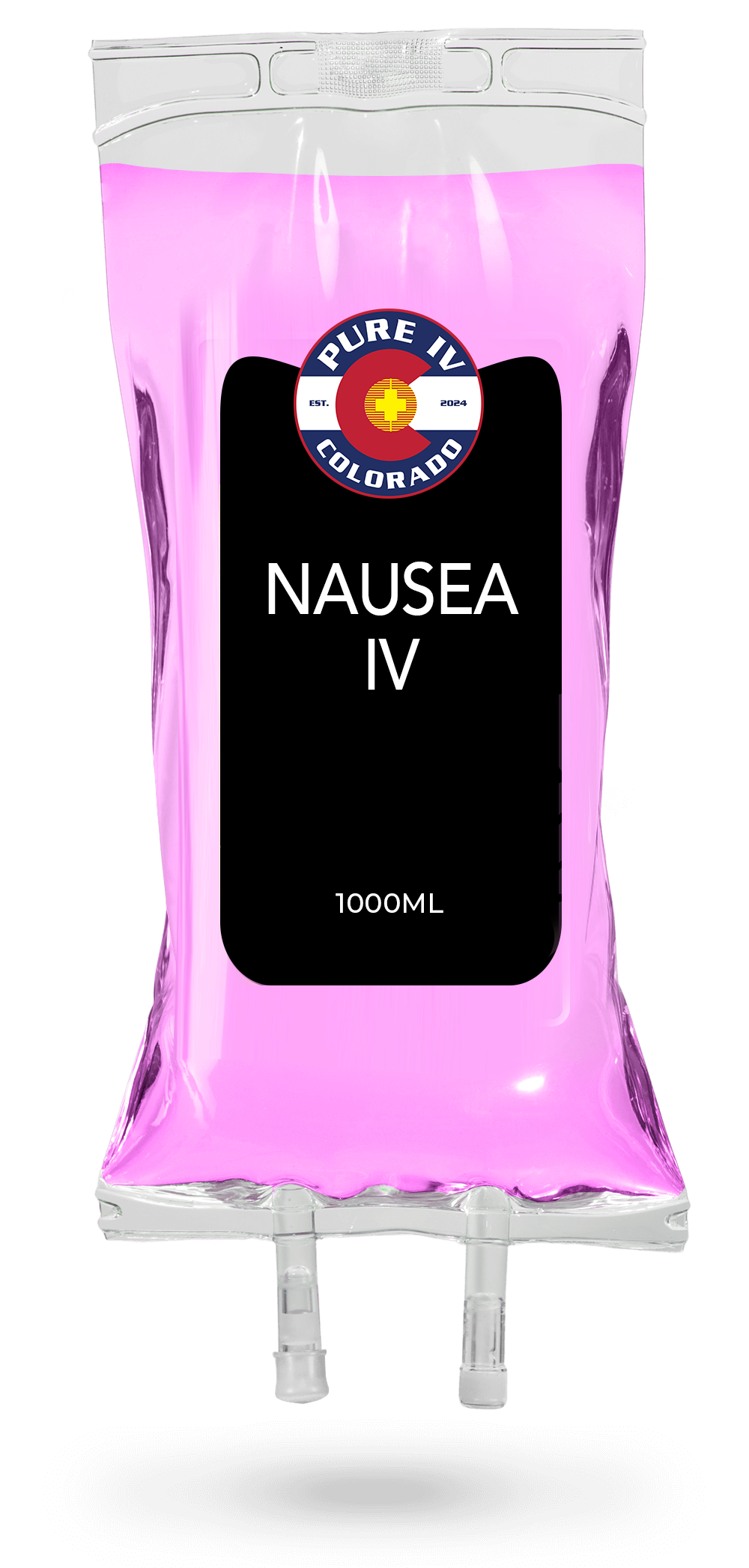 A pink bag with a black label that says nausea iv