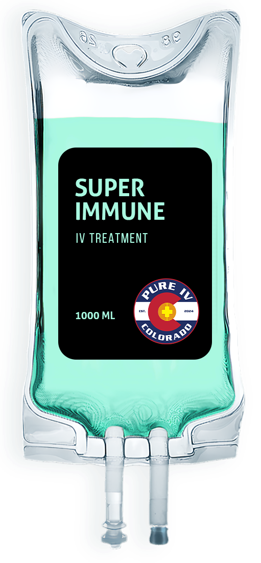 A bag of super immune juice is hanging from a hook on a white background.