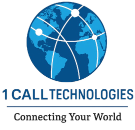 1 Call Technologies Blue globe with connecting lines and white dots;