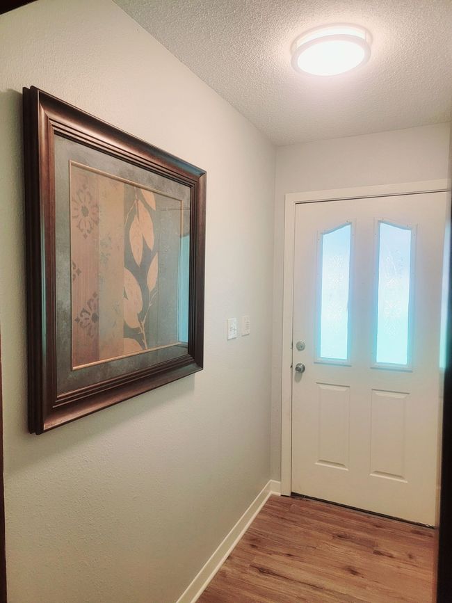 A hallway with a dark-framed nature print on a light gray wall leading to a white door with two vertical glass panels.