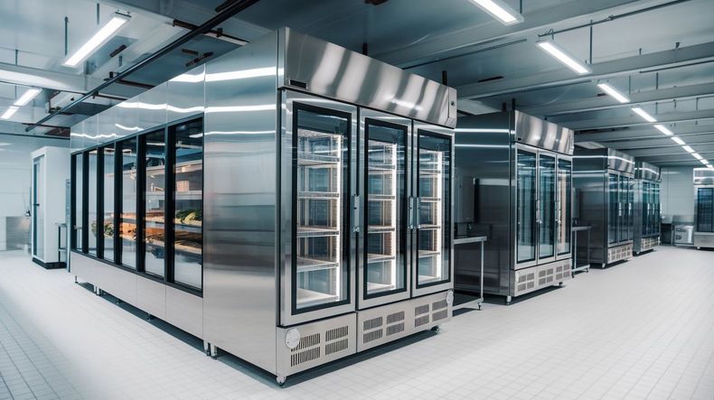Stainless steel refrigerated display cases in a well-lit commercial setting.