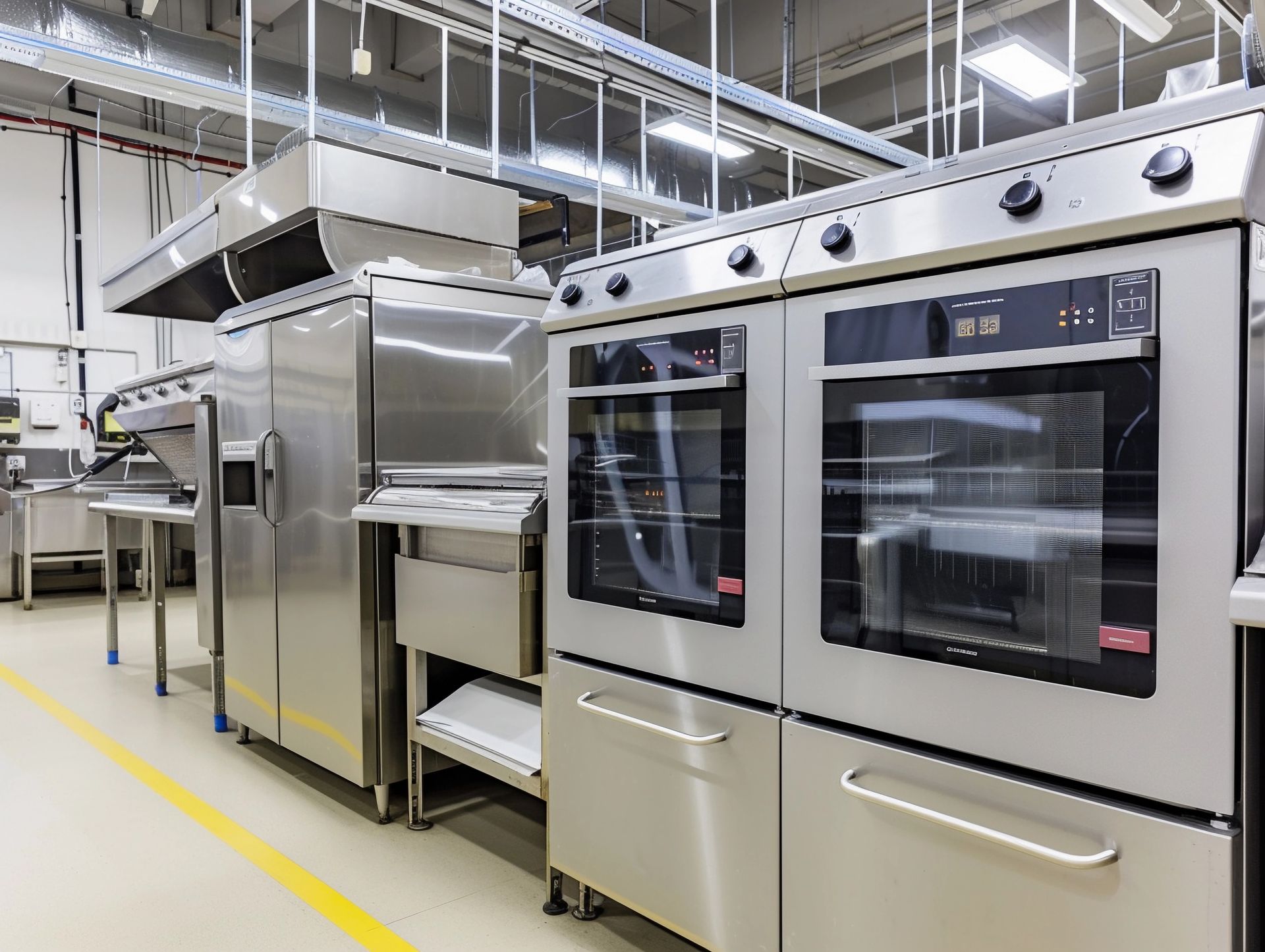 Commercial kitchen with stainless steel appliances, ovens, and ventilation.
