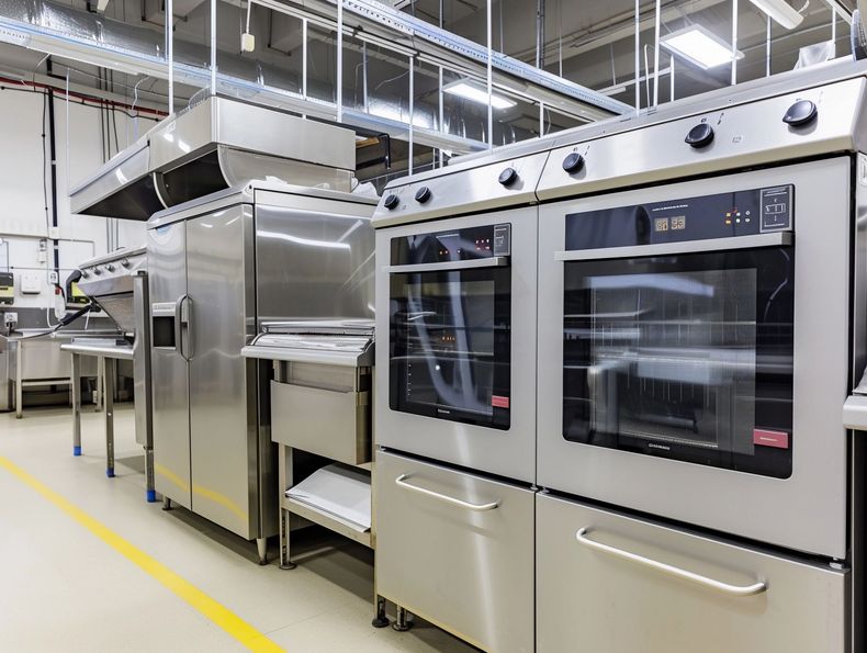 Stainless steel commercial kitchen equipment in a brightly lit room.